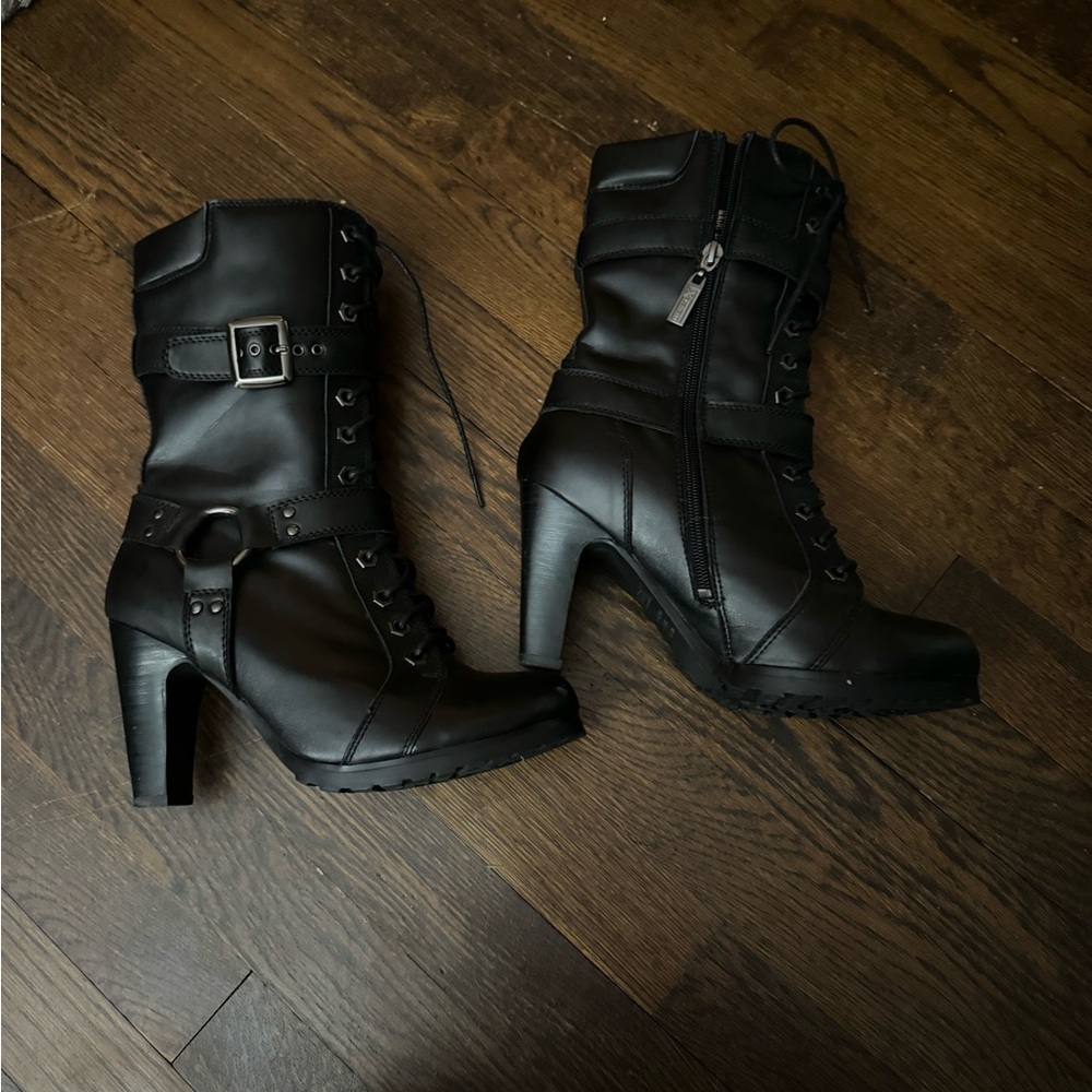 Black motorcycle high heel boots - Picture 2 of 4